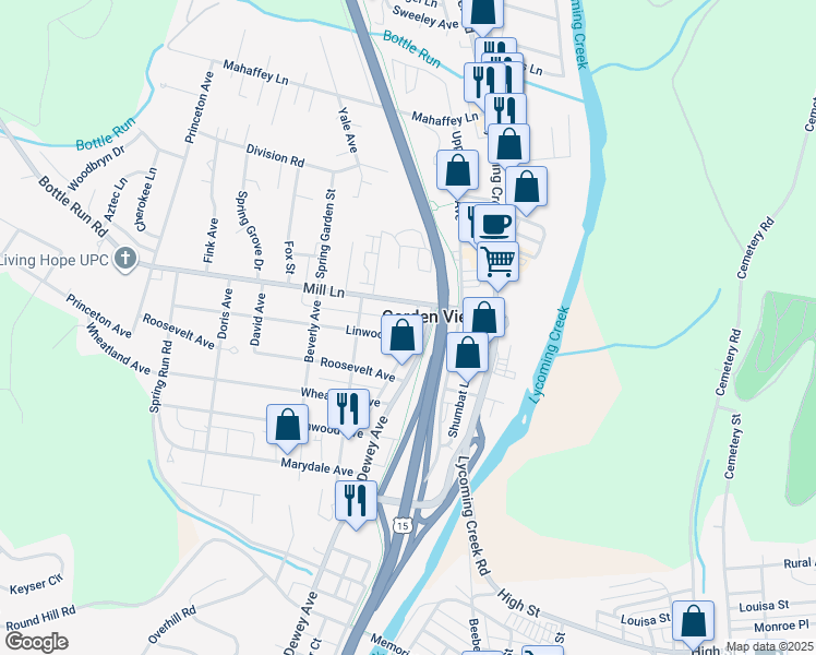map of restaurants, bars, coffee shops, grocery stores, and more near 2017 Mill Lane in Williamsport