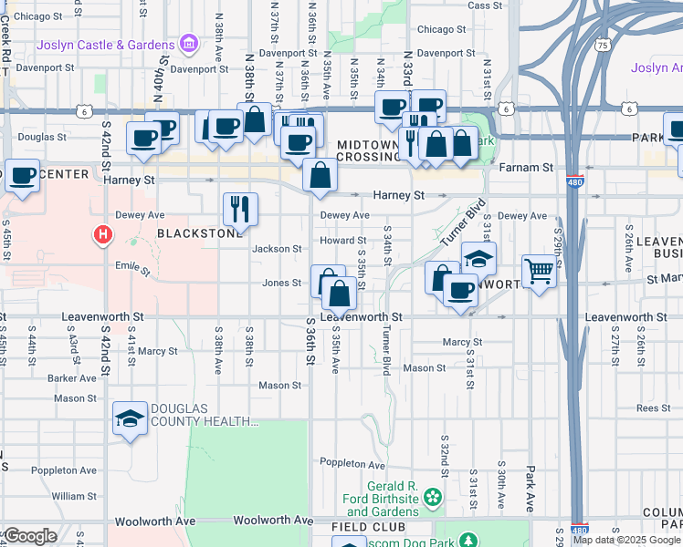map of restaurants, bars, coffee shops, grocery stores, and more near 564 South 35th Street in Omaha