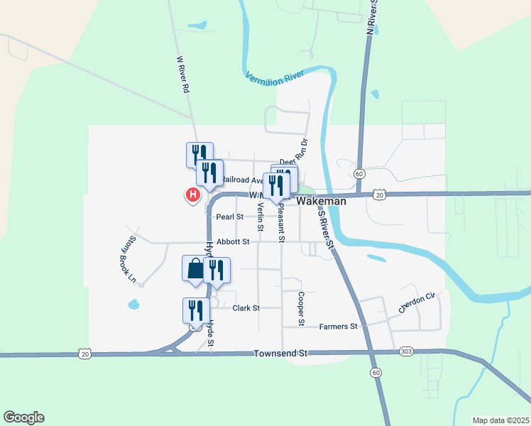 map of restaurants, bars, coffee shops, grocery stores, and more near 17 West Main Street in Wakeman