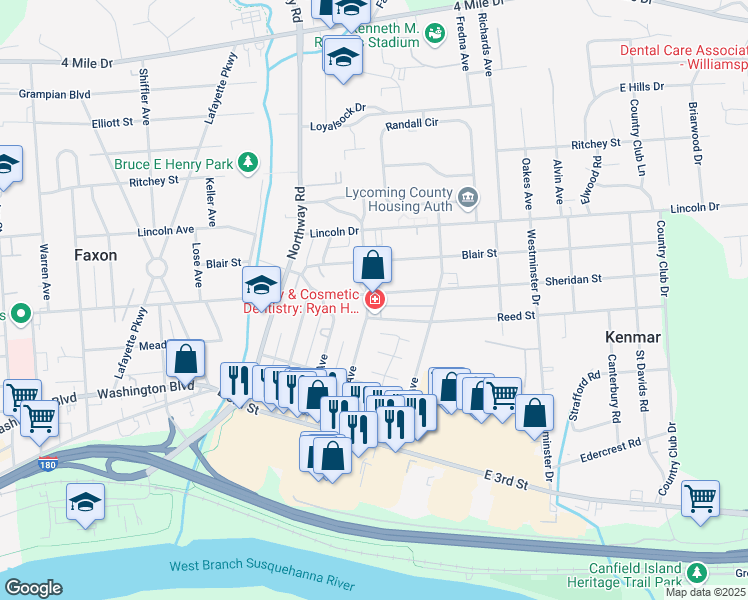 map of restaurants, bars, coffee shops, grocery stores, and more near 2021-2099 Sheridan St in Williamsport