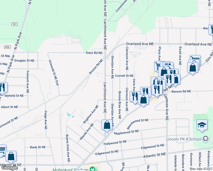 map of restaurants, bars, coffee shops, grocery stores, and more near 1816 Larchmont Avenue Northeast in Warren
