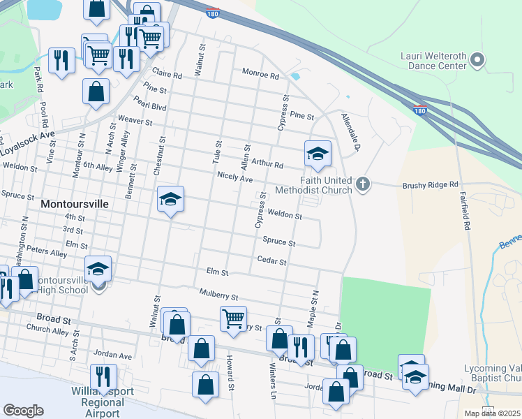 map of restaurants, bars, coffee shops, grocery stores, and more near 501 Cypress Street in Montoursville