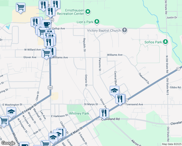 map of restaurants, bars, coffee shops, grocery stores, and more near 86 Ontario Street in Norwalk