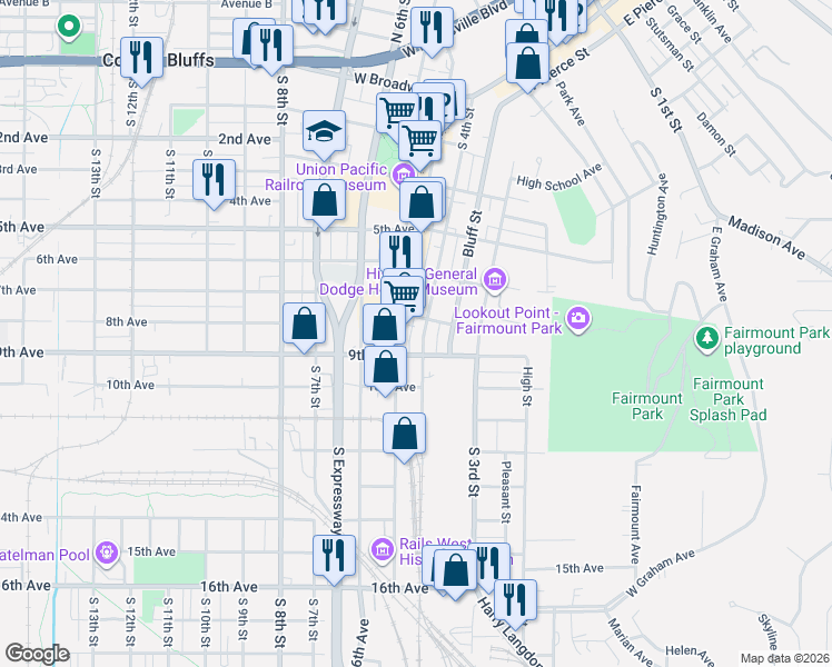 map of restaurants, bars, coffee shops, grocery stores, and more near 719 South Main Street in Council Bluffs