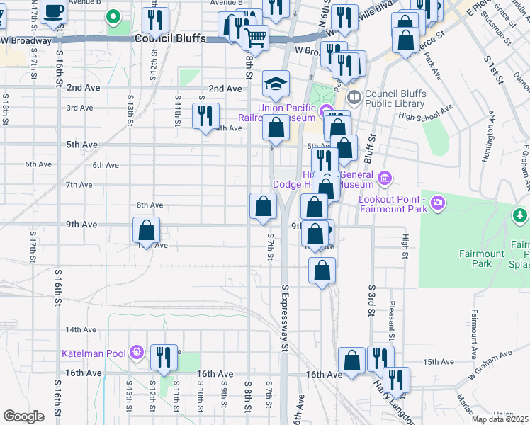 map of restaurants, bars, coffee shops, grocery stores, and more near 716 South 7th Street in Council Bluffs