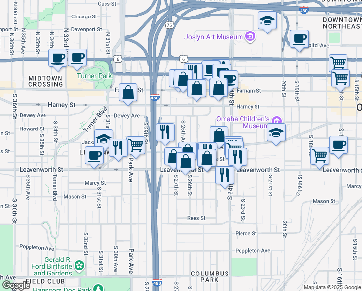 map of restaurants, bars, coffee shops, grocery stores, and more near 547 South 27th Street in Omaha