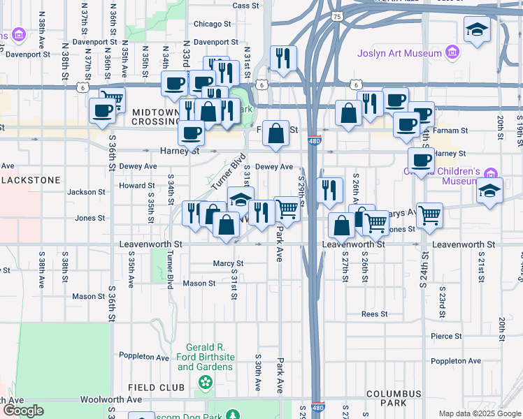 map of restaurants, bars, coffee shops, grocery stores, and more near 28 South 30th Street in Omaha