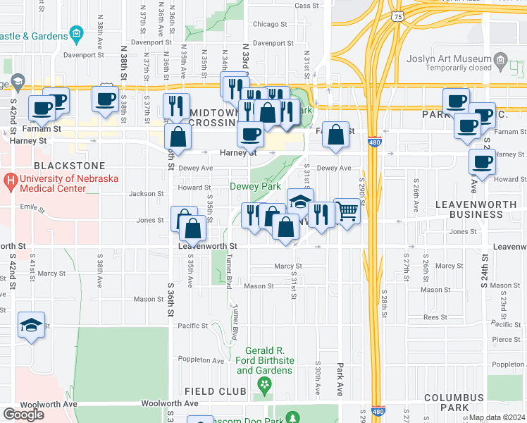 map of restaurants, bars, coffee shops, grocery stores, and more near 568 South 33rd Street in Omaha
