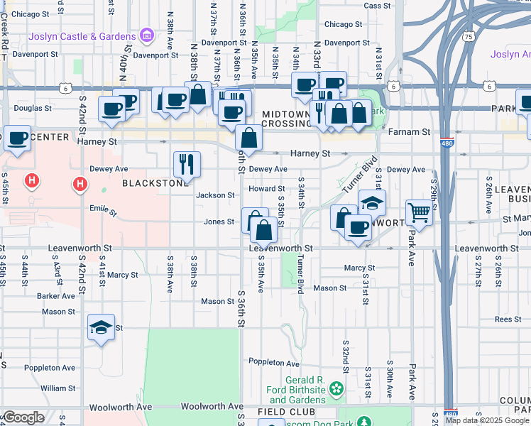 map of restaurants, bars, coffee shops, grocery stores, and more near 564 South 35th Street in Omaha