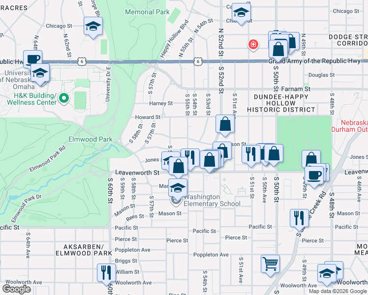map of restaurants, bars, coffee shops, grocery stores, and more near 5511 Jackson Street in Omaha