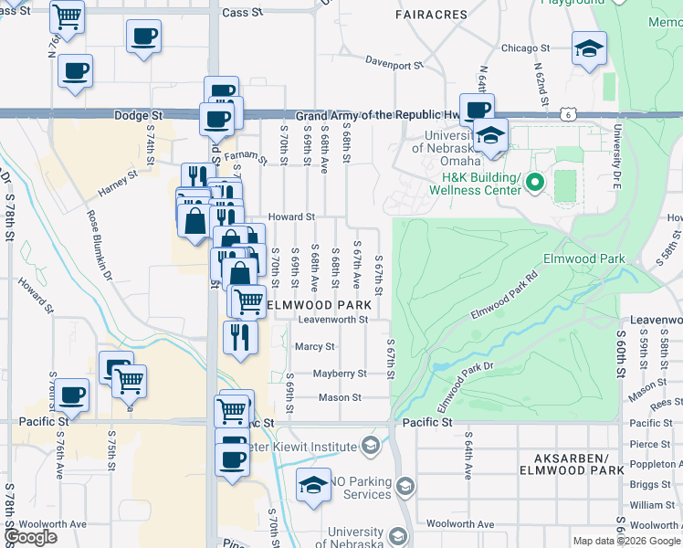 map of restaurants, bars, coffee shops, grocery stores, and more near 601 South 68th Street in Omaha