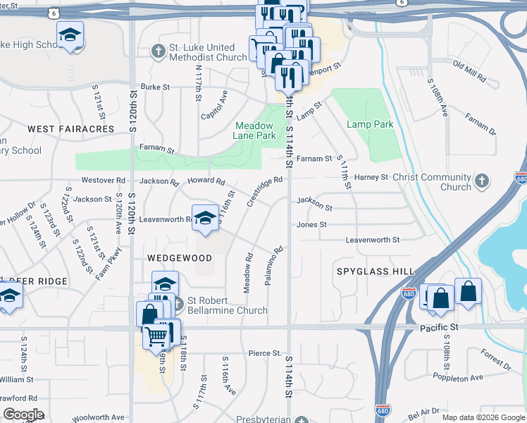 map of restaurants, bars, coffee shops, grocery stores, and more near 607 Crestridge Road in Omaha