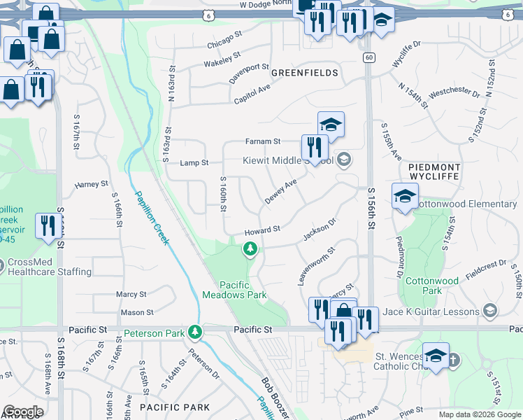 map of restaurants, bars, coffee shops, grocery stores, and more near 430 South 159th Street in Omaha