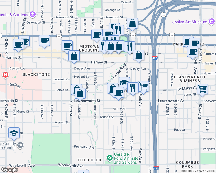 map of restaurants, bars, coffee shops, grocery stores, and more near 568 South 33rd Street in Omaha