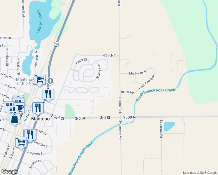 map of restaurants, bars, coffee shops, grocery stores, and more near 56 Maple Ridge Park in Manteno