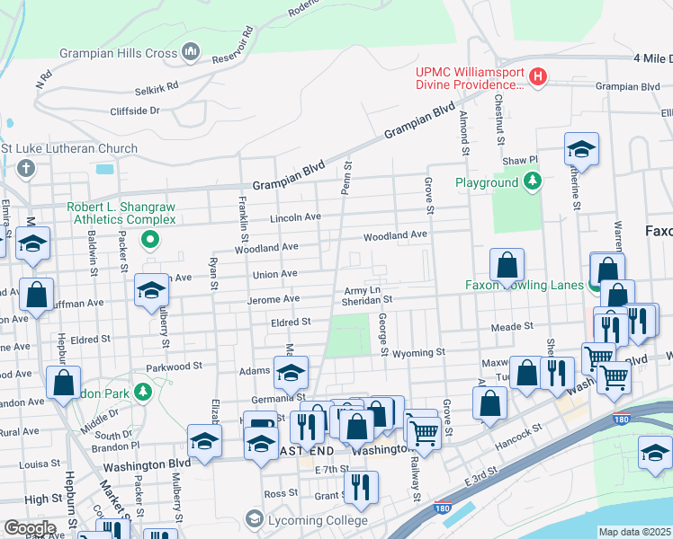 map of restaurants, bars, coffee shops, grocery stores, and more near 1300 Penn Street in Williamsport