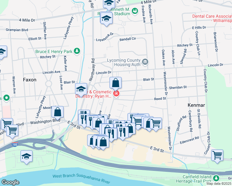 map of restaurants, bars, coffee shops, grocery stores, and more near 2099 Sheridan Street in Williamsport