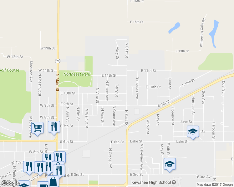 map of restaurants, bars, coffee shops, grocery stores, and more near 705 East 10th Street in Kewanee