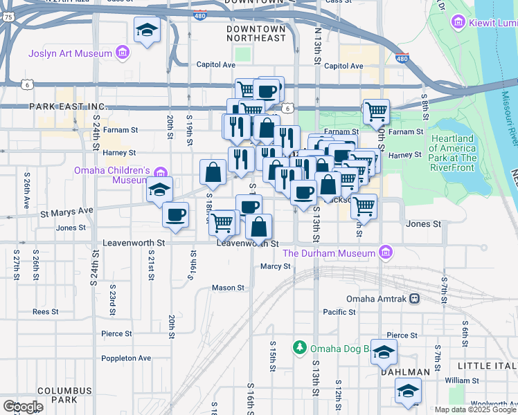 map of restaurants, bars, coffee shops, grocery stores, and more near in Omaha