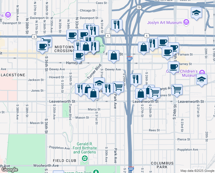 map of restaurants, bars, coffee shops, grocery stores, and more near 3007 Jackson Street in Omaha