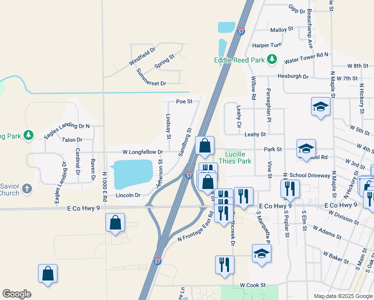 map of restaurants, bars, coffee shops, grocery stores, and more near 525 Sandburg Street in Manteno