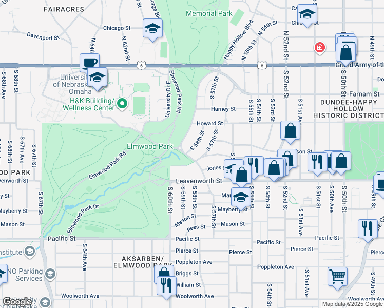 map of restaurants, bars, coffee shops, grocery stores, and more near 542 South 58th Street in Omaha