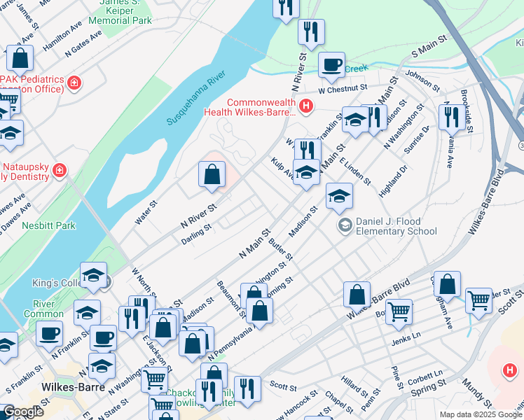 map of restaurants, bars, coffee shops, grocery stores, and more near 28 Courtright Street in Wilkes-Barre