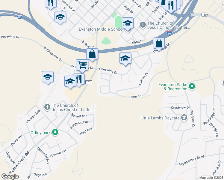 map of restaurants, bars, coffee shops, grocery stores, and more near 412 Sioux Drive in Evanston
