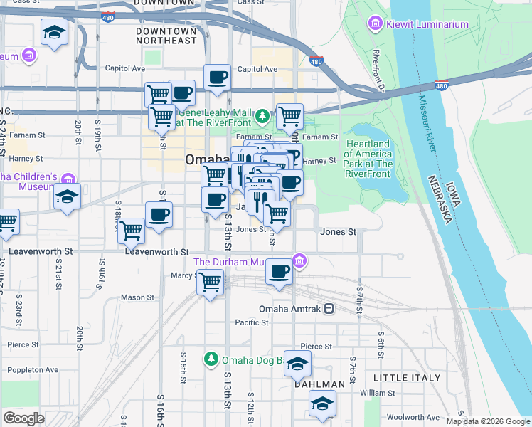 map of restaurants, bars, coffee shops, grocery stores, and more near 1117 Jackson Street in Omaha