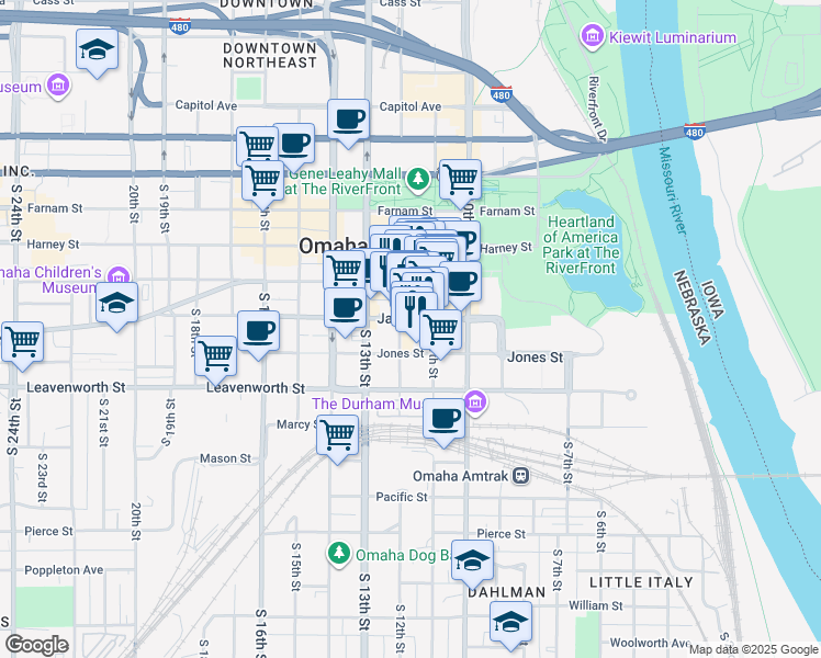 map of restaurants, bars, coffee shops, grocery stores, and more near 1117 Jackson Street in Omaha