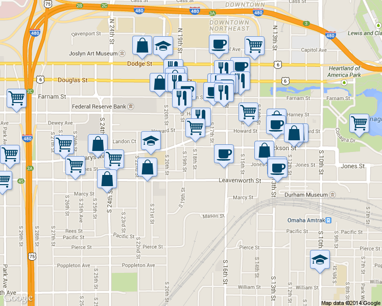 map of restaurants, bars, coffee shops, grocery stores, and more near 1798 Jackson Street in Omaha