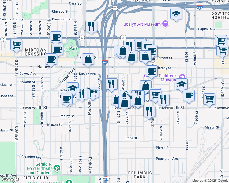map of restaurants, bars, coffee shops, grocery stores, and more near 547 South 27th Street in Omaha