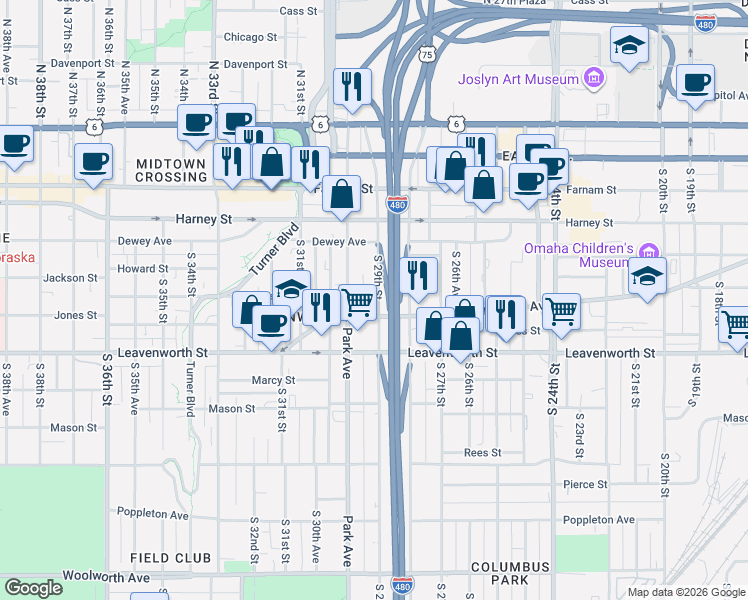 map of restaurants, bars, coffee shops, grocery stores, and more near 542 South 29th Street in Omaha