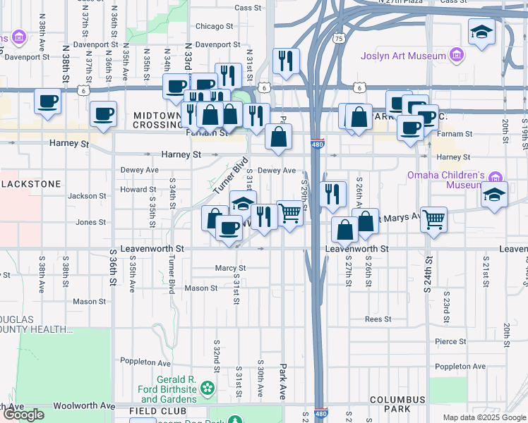 map of restaurants, bars, coffee shops, grocery stores, and more near 28 South 30th Street in Omaha