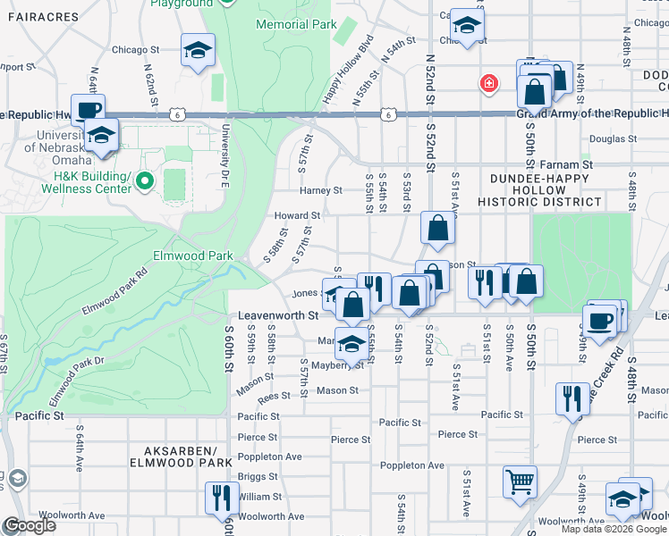 map of restaurants, bars, coffee shops, grocery stores, and more near 5605 Jackson Street in Omaha
