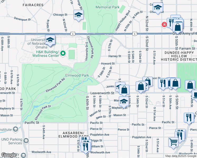 map of restaurants, bars, coffee shops, grocery stores, and more near 542 South 58th Street in Omaha