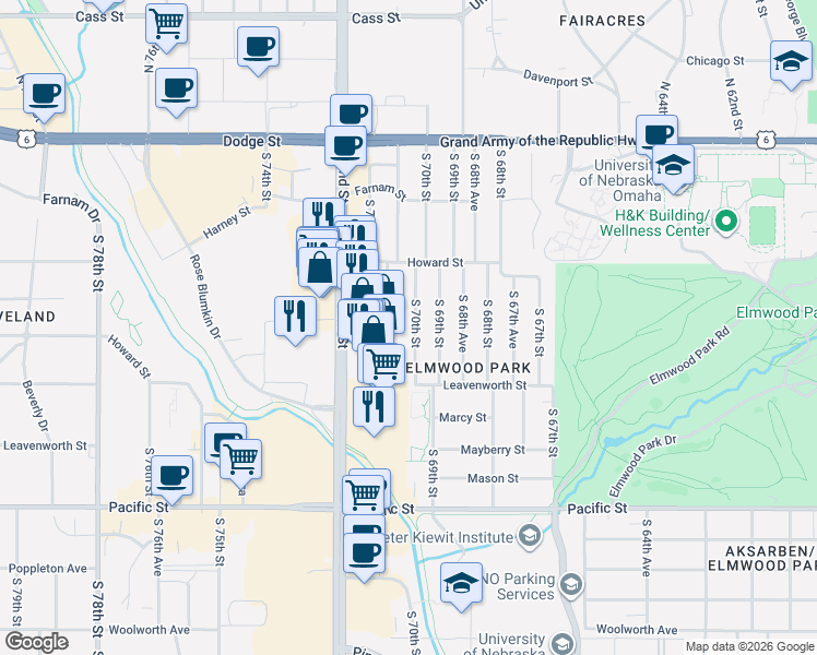 map of restaurants, bars, coffee shops, grocery stores, and more near 630 South 70th Street in Omaha