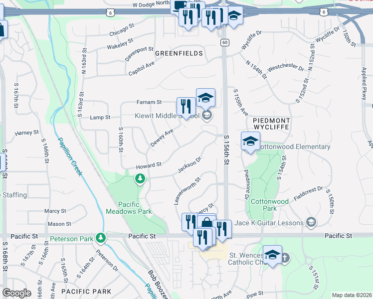 map of restaurants, bars, coffee shops, grocery stores, and more near 15744 Howard Street in Omaha
