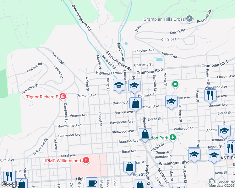 map of restaurants, bars, coffee shops, grocery stores, and more near 1500 Cherry Street in Williamsport