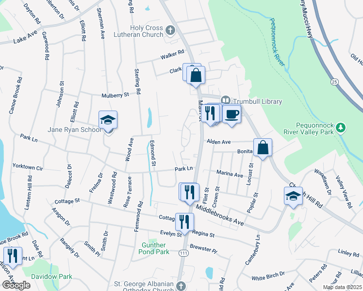 map of restaurants, bars, coffee shops, grocery stores, and more near 229 Mayfield Drive in Trumbull