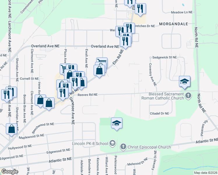 map of restaurants, bars, coffee shops, grocery stores, and more near 2303 Reeves Road Northeast in Warren