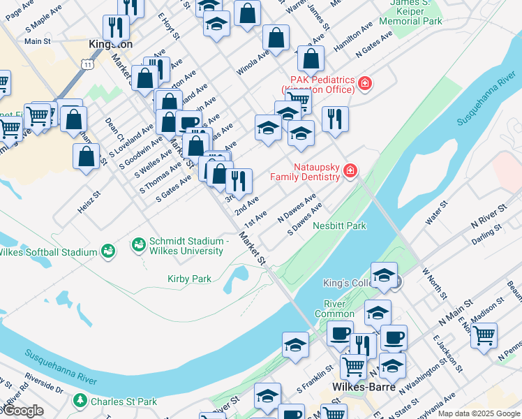 map of restaurants, bars, coffee shops, grocery stores, and more near 43 1st Avenue in Kingston