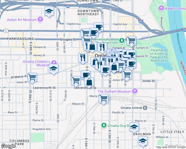 map of restaurants, bars, coffee shops, grocery stores, and more near 1501 Jackson Street in Omaha