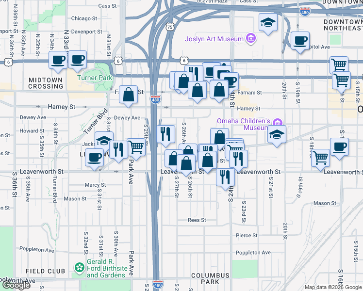 map of restaurants, bars, coffee shops, grocery stores, and more near 547 South 27th Street in Omaha