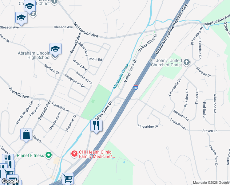 map of restaurants, bars, coffee shops, grocery stores, and more near 401 Valley View Drive in Council Bluffs