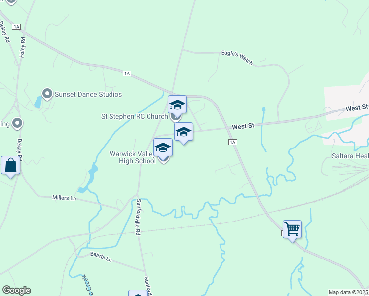 map of restaurants, bars, coffee shops, grocery stores, and more near 225 West Street in Warwick