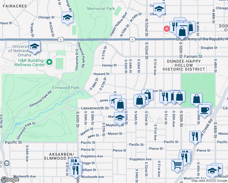 map of restaurants, bars, coffee shops, grocery stores, and more near 5605 Jackson Street in Omaha