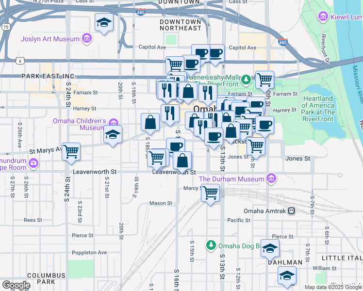 map of restaurants, bars, coffee shops, grocery stores, and more near 601 South 16th Street in Omaha