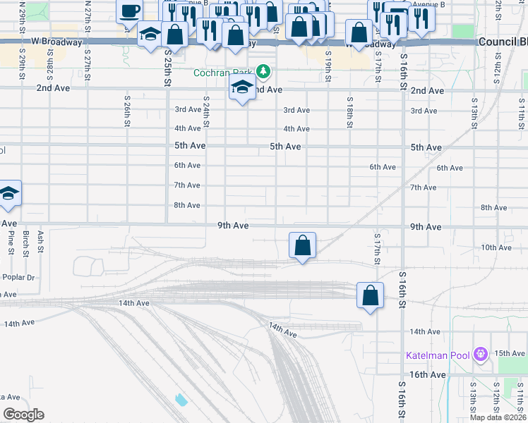 map of restaurants, bars, coffee shops, grocery stores, and more near 728 South 21st Street in Council Bluffs