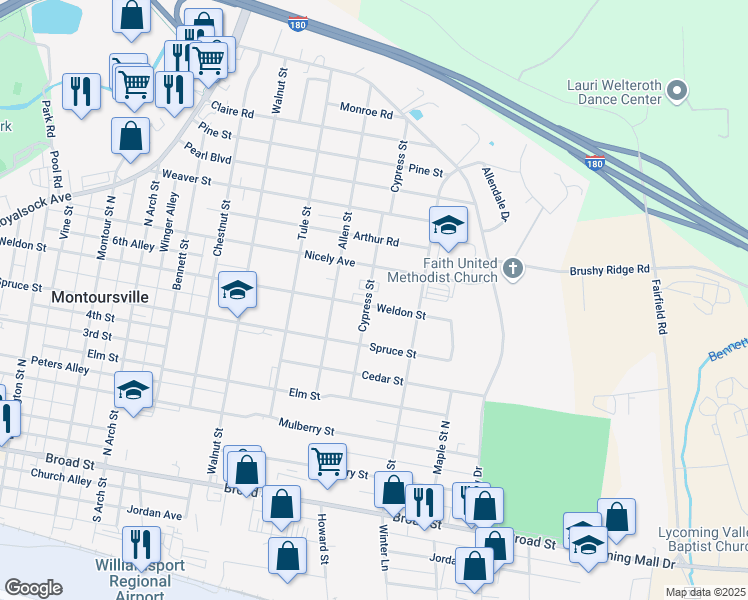 map of restaurants, bars, coffee shops, grocery stores, and more near 1201 Weldon Street in Montoursville